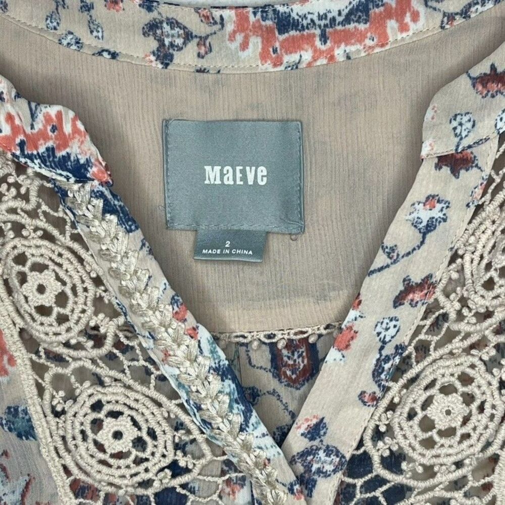 Maeve Anthropologie Tan Floral 3/4 Sleeve Crochet Boho Top Festival Summer Sz 2 - Picture 3 of 10